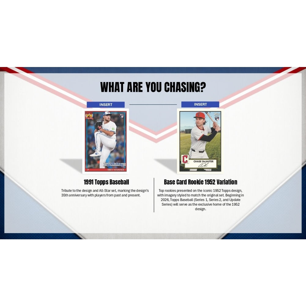 Baseball trading card display with 'What are you chasing?' text and two cards shown.