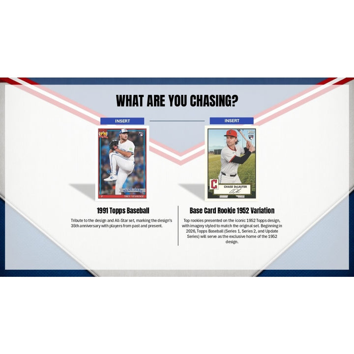 Baseball trading card display with 'What are you chasing?' text and two cards shown.
