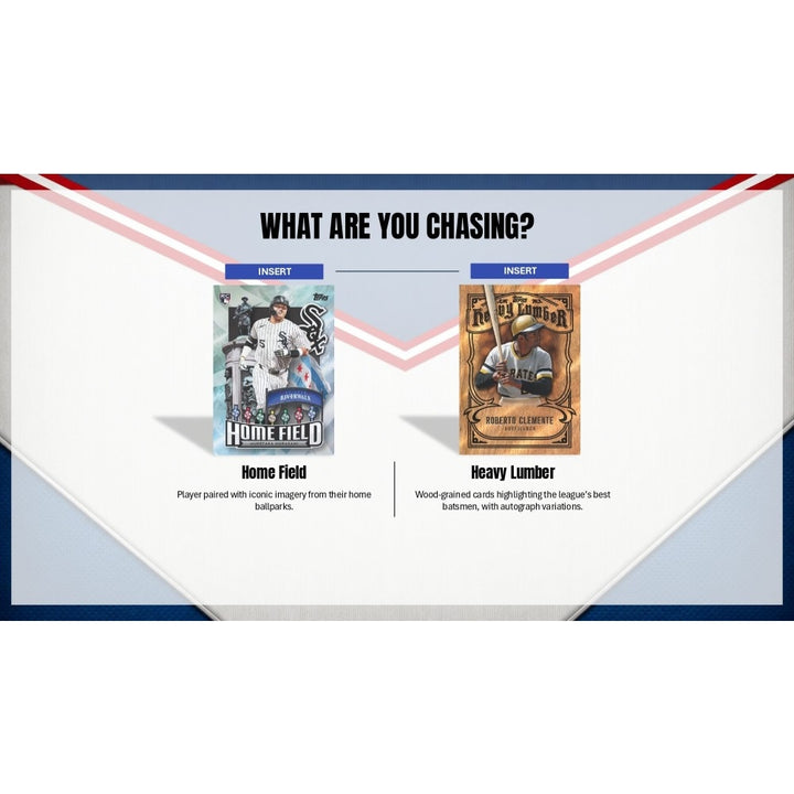 Two trading card inserts with 'Home Field' and 'Heavy Lumber' labels on a promotional banner.