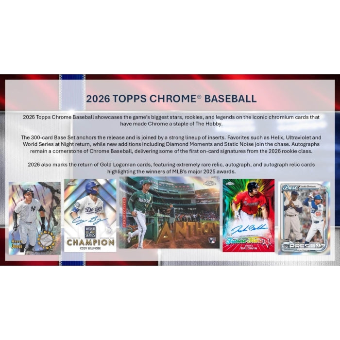 A promotional image of the 2026 Topps Chrome Baseball trading cards on a white background. 