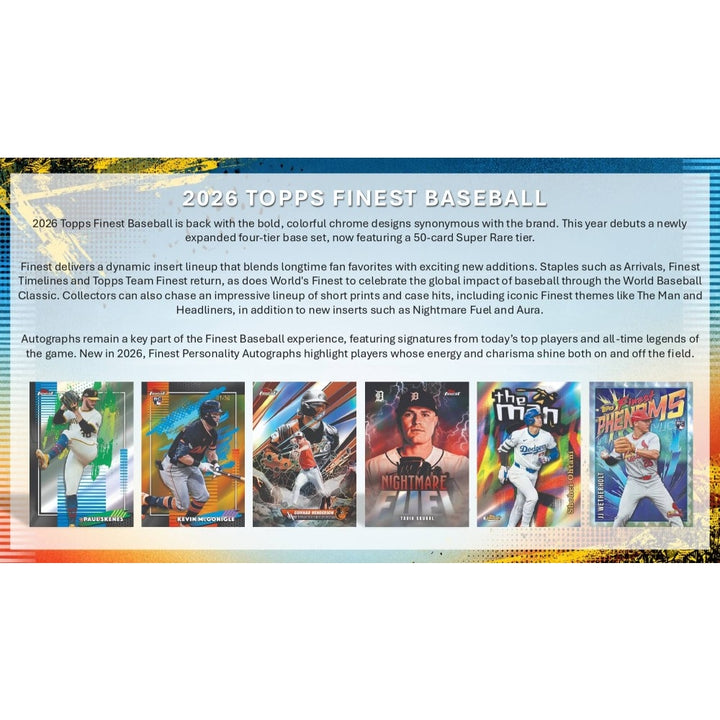 A promotional image of a 2026 Topps Finest Baseball trading cards on a white background.