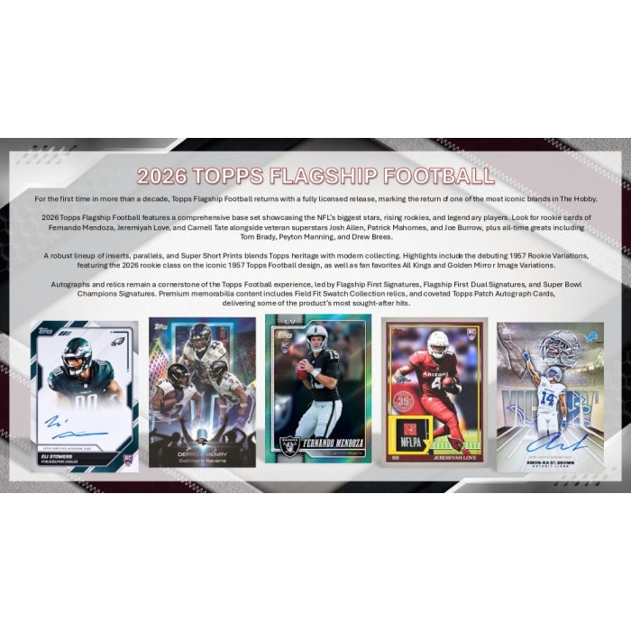 A promotional graphic for the 2026 Topps Flagship Football trading card set, featuring a large white title banner with black text, a silver foil-stamped border, and several sample card thumbnails along the bottom showing player autographs and team branding.