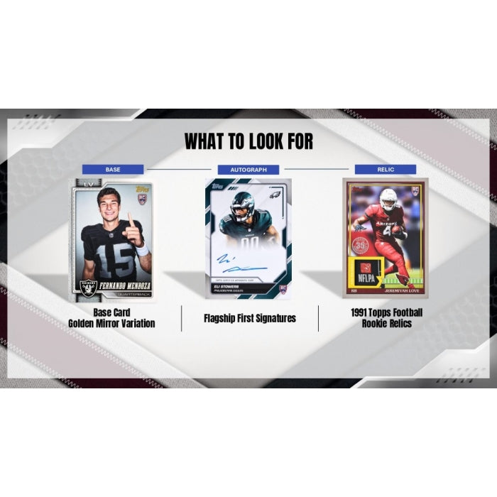 An informational graphic titled 'WHAT TO LOOK FOR' showing three football trading card examples: a base card labeled 'Golden Mirror Variation' with Tom Brady, an autographed card with a signature, and a 1991 Topps football rookie card with Brett Favre.