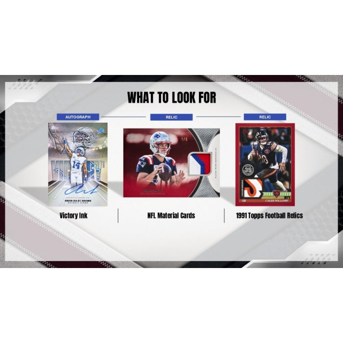 An informational graphic titled 'WHAT TO LOOK FOR' showing three types of football trading card content: an autograph, a relic, and NFL material cards, with example card imagery and labels on a white and gray background.