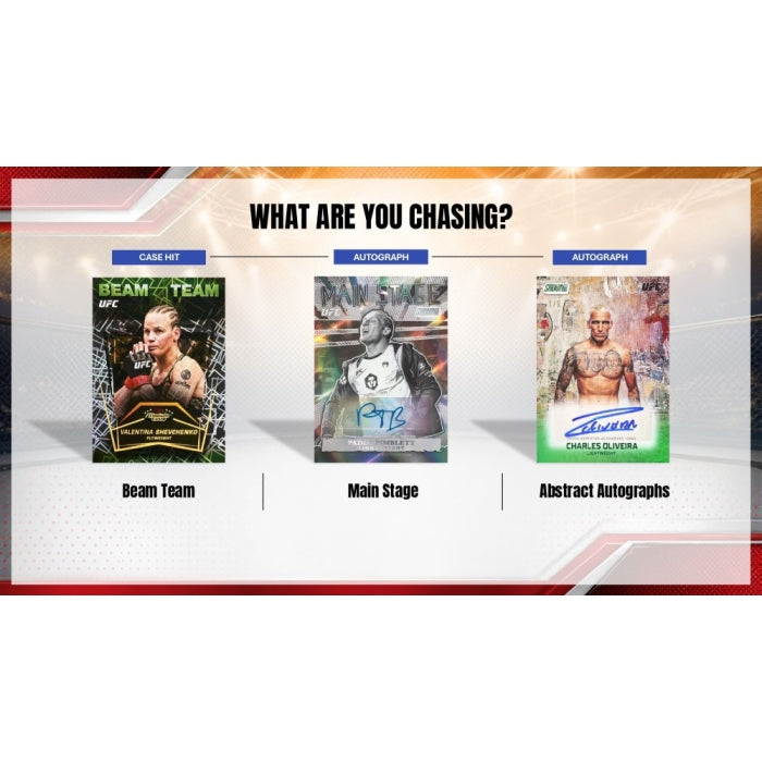 A promotional graphic with the text 'WHAT ARE YOU CHASING?' above three illustrated UFC trading card examples labeled 'Case Hit' (Team Team), 'Autograph' (Main Stage), and 'Autograph' (Abstract Autographs), with wrestler portraits and names including Chael O'Neala.