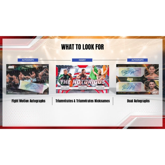 An informational graphic titled 'WHAT TO LOOK FOR' showing three examples of collectible autographs and inserts: Fight Motion autographs, The Notorious tri-miracle insert, and dual autographs.