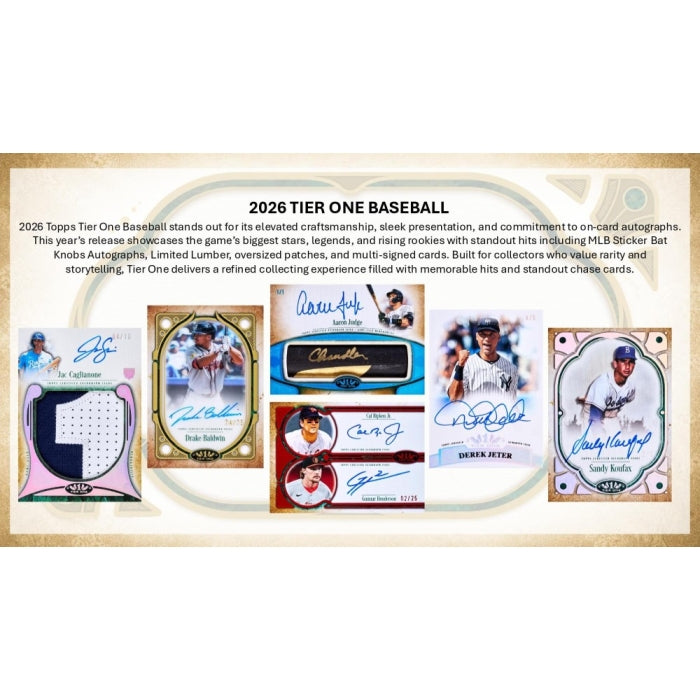 2026 Topps Tier One Baseball trading card set with player images and text on a white background
