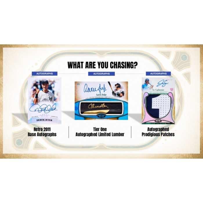 Promotional graphic for sports memorabilia with autographed cards and text 'What Are You Chasing?'