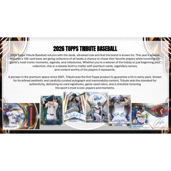 A promotional graphic for the 2026 Topps Tribute Baseball trading card set, featuring a large block of descriptive text and a collage of illustrated and photographed baseball cards with player signatures and team logos.