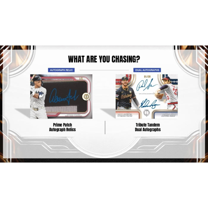 A promotional graphic with the text 'WHAT ARE YOU CHASING?' showing two baseball autograph products: Prime Patch Autograph Relics on the left and Tribute Tandem Deal Autographs on the right, set on a white background with decorative corner accents.