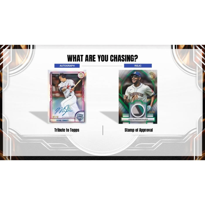 A promotional graphic for a baseball trading card set or collection, with the headline 'WHAT ARE YOU CHASING?' and two sample card previews labeled 'AUTOGGRAPH Tribute to Topps' and 'REIC Stamp of Approval.' The layout is clean and centered on a white background with decorative corner accents.