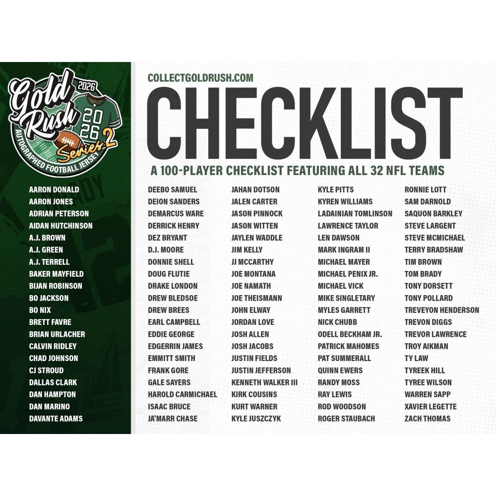 Checklist featuring 100 players from all 32 NFL teams with Gold Rush logo on the left.