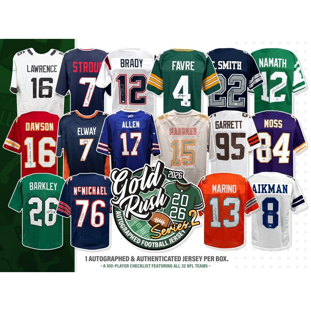 Collection of various sports jerseys with player names and numbers on a white background.