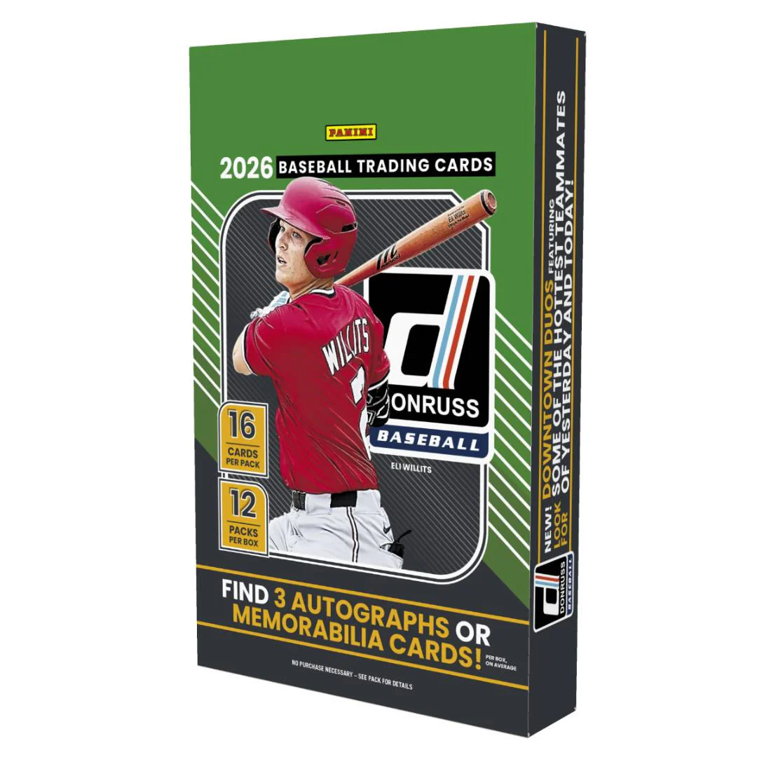 Donruss 2026 baseball trading card packaging with a player in a red jersey and bat.