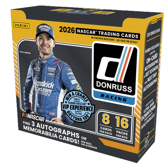 Donruss Racing 2026 NASCAR trading cards packaging with a driver's image and branding.