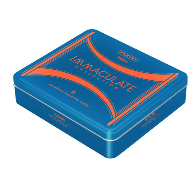 Panini Immaculate Collection 2018 baseball trading card tin, featuring a metallic blue box with orange and white lettering, shown on a plain white background.