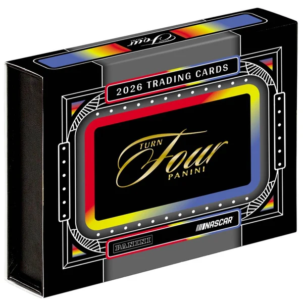 Panini Turn Four Racing 2026 Trading Cards box, featuring a black design with a vibrant red, yellow, and blue gradient frame and gold foil lettering.