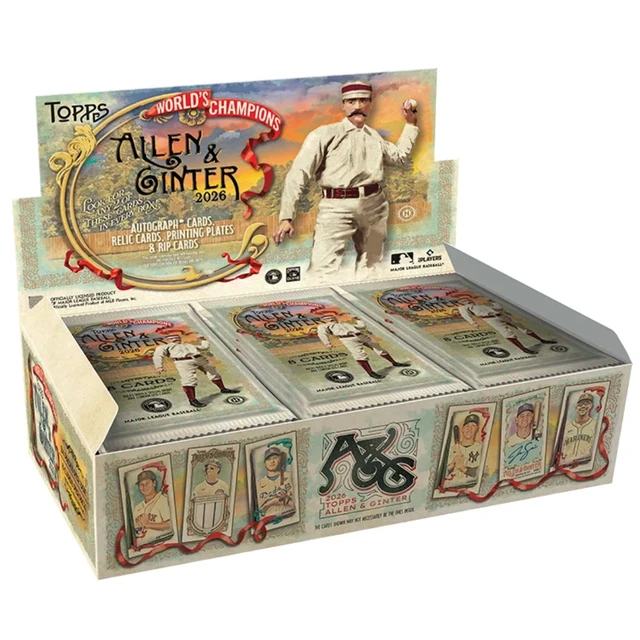 A sealed 2026 Topps Allen & Ginter Baseball Hobby Box featuring its signature vintage-style illustrated design, displaying the product logo, baseball themes, and details about the included card packs and hobby-exclusive inserts