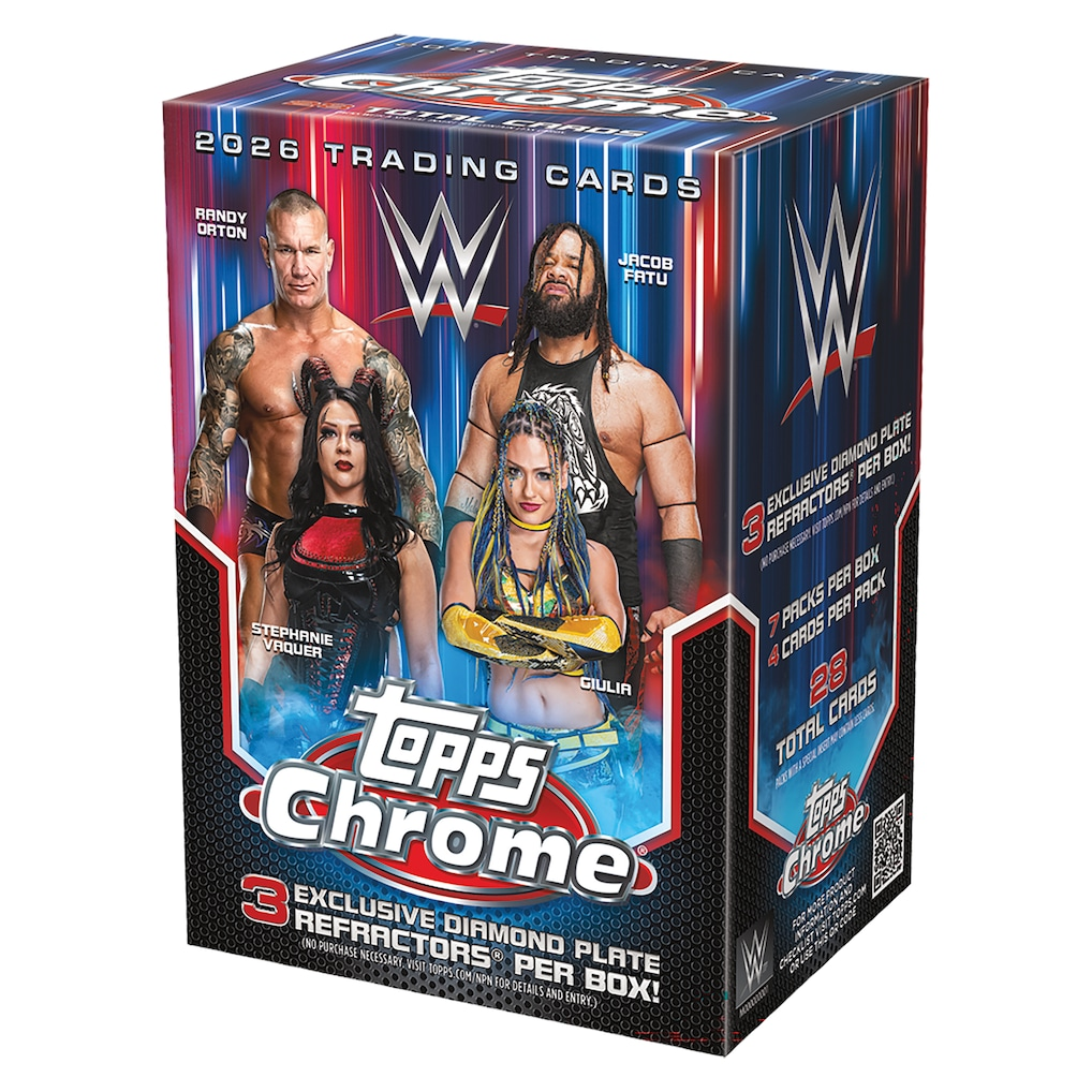 WWE Topps Chrome trading card box with wrestlers on a white background