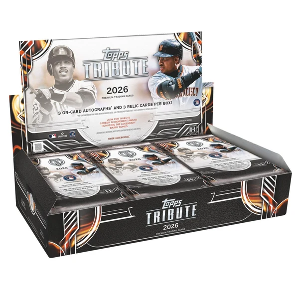 Topps Tribute 2026 Premium Trading Cards display box with three sealed booster packs inside, shown on a plain white background.