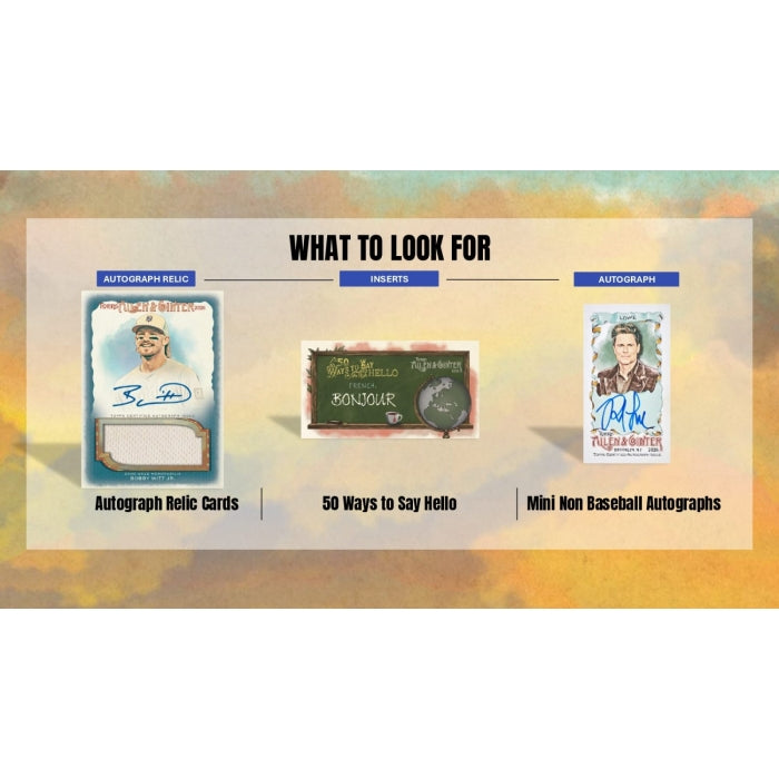 A 2026 Topps Allen & Ginter Baseball Hobby Box featuring its signature vintage-style illustrated design, displaying autograph relic cards, 50 ways to say hello cards, and mini non baseball autograph cards.