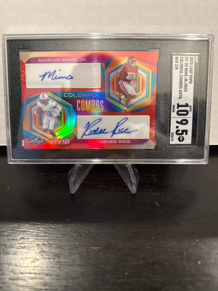 Marvin Mims Jr/Rashee Rice 2023 Leaf Vivid Colorful Combos Dual Rookie Auto Red, 2/8, SGC 9.5 Gem Mint