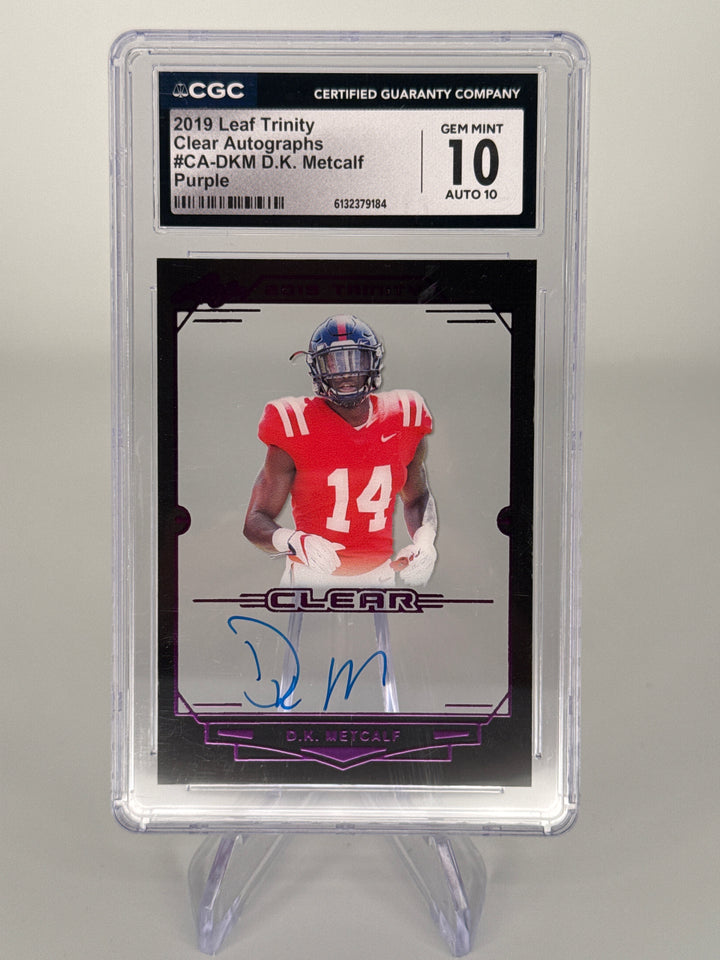 DK Metcalf 2019 Leaf Trinity Clear Purple Auto, CGC 10 Gem Mint