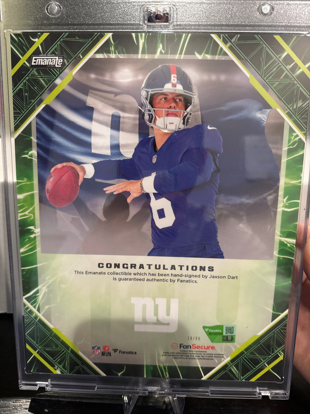 Jaxson Dart 2025 Fanatics Emanate Collectable Jumbo Autograph Rookie Card Green, 18/99