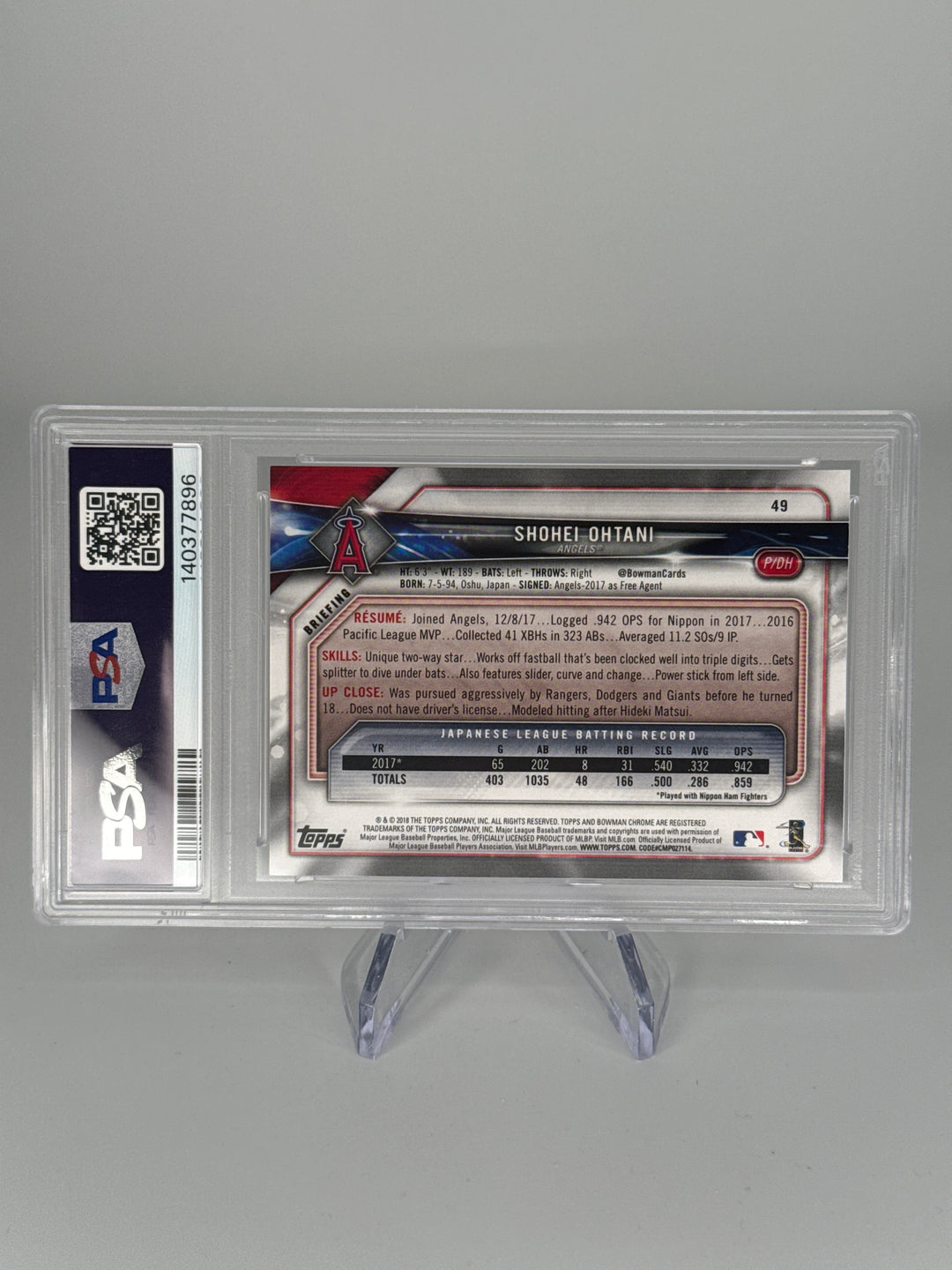 Shohei Ohtani 2018 Bowman Rookie, PSA 9 Mint