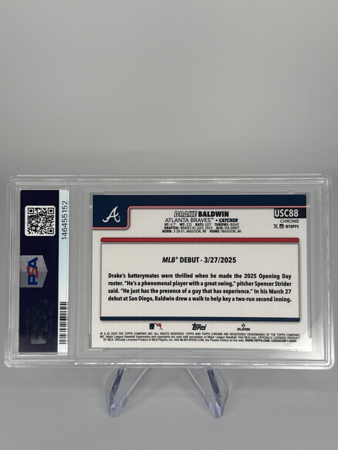 Drake Baldwin 2025 Topps Chrome Update Black Wave Rookie, 08/10, PSA 9 Mint