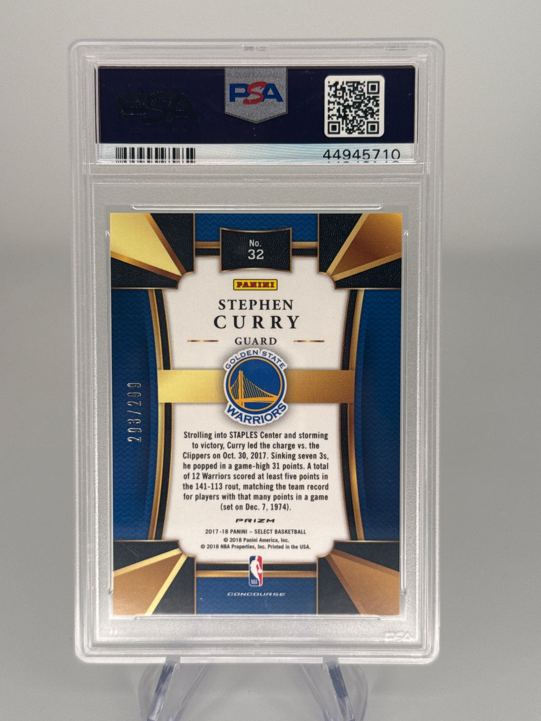 Stephen Curry 2017 Panini Select Blue Prizm, 293/299, PSA 10 Gem Mint