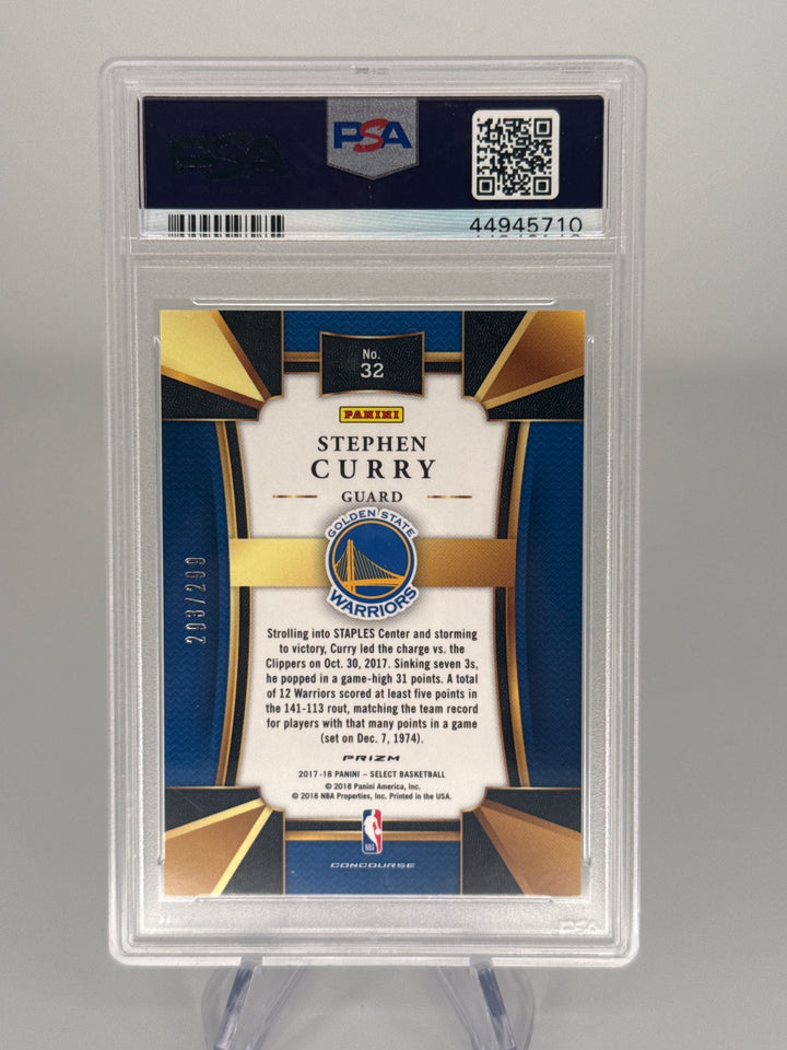 Stephen Curry 2017 Panini Select Blue Prizm, 293/299, PSA 10 Gem Mint