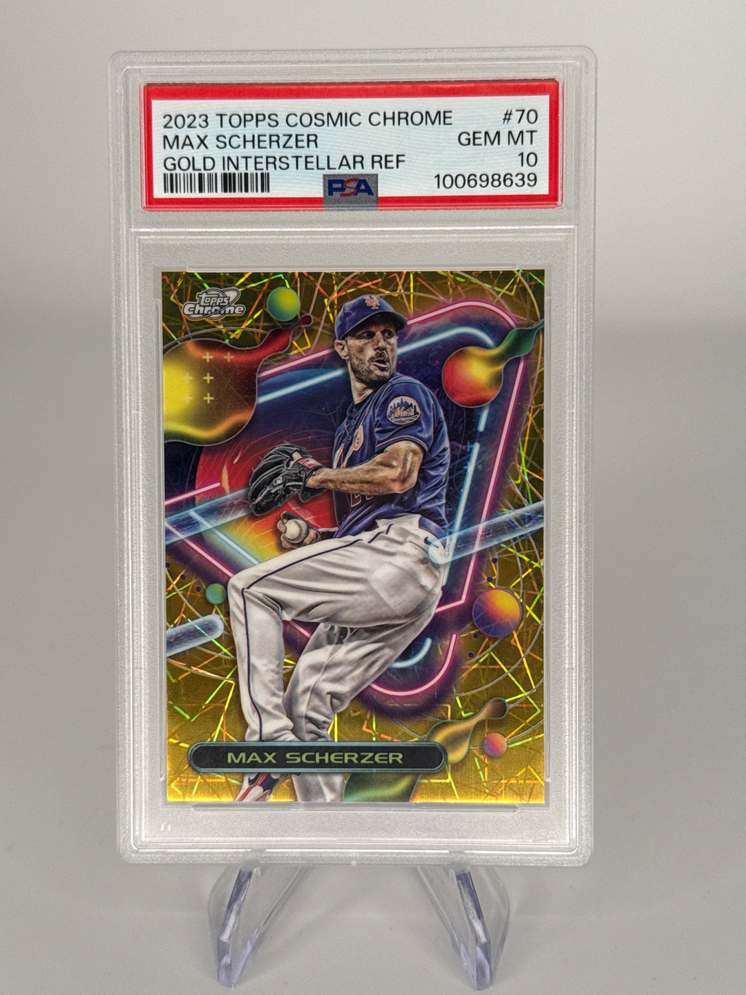 Max Scherzer 2023 Topps Cosmic Chrome Gold Interstellar Refractor, 09/50, PSA 10 Gem Mint