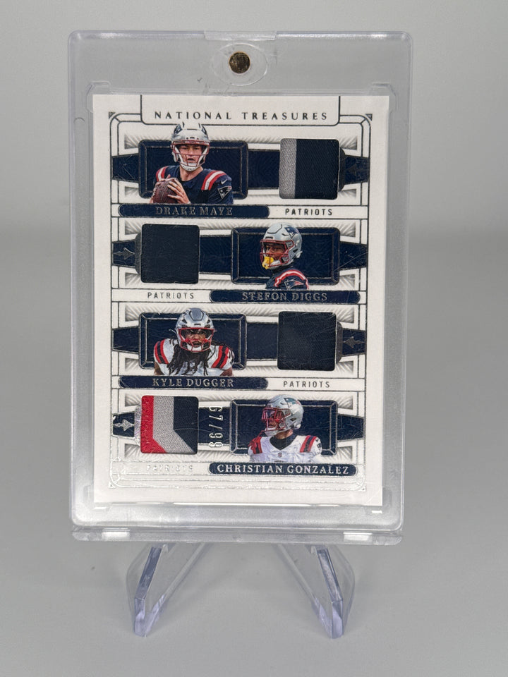 Drake Maye/Stefon Diggs/Kyle Dugger/Christian Gonzalez 2025 Panini National Treasures NFL Gear Quad Materials, 67/99