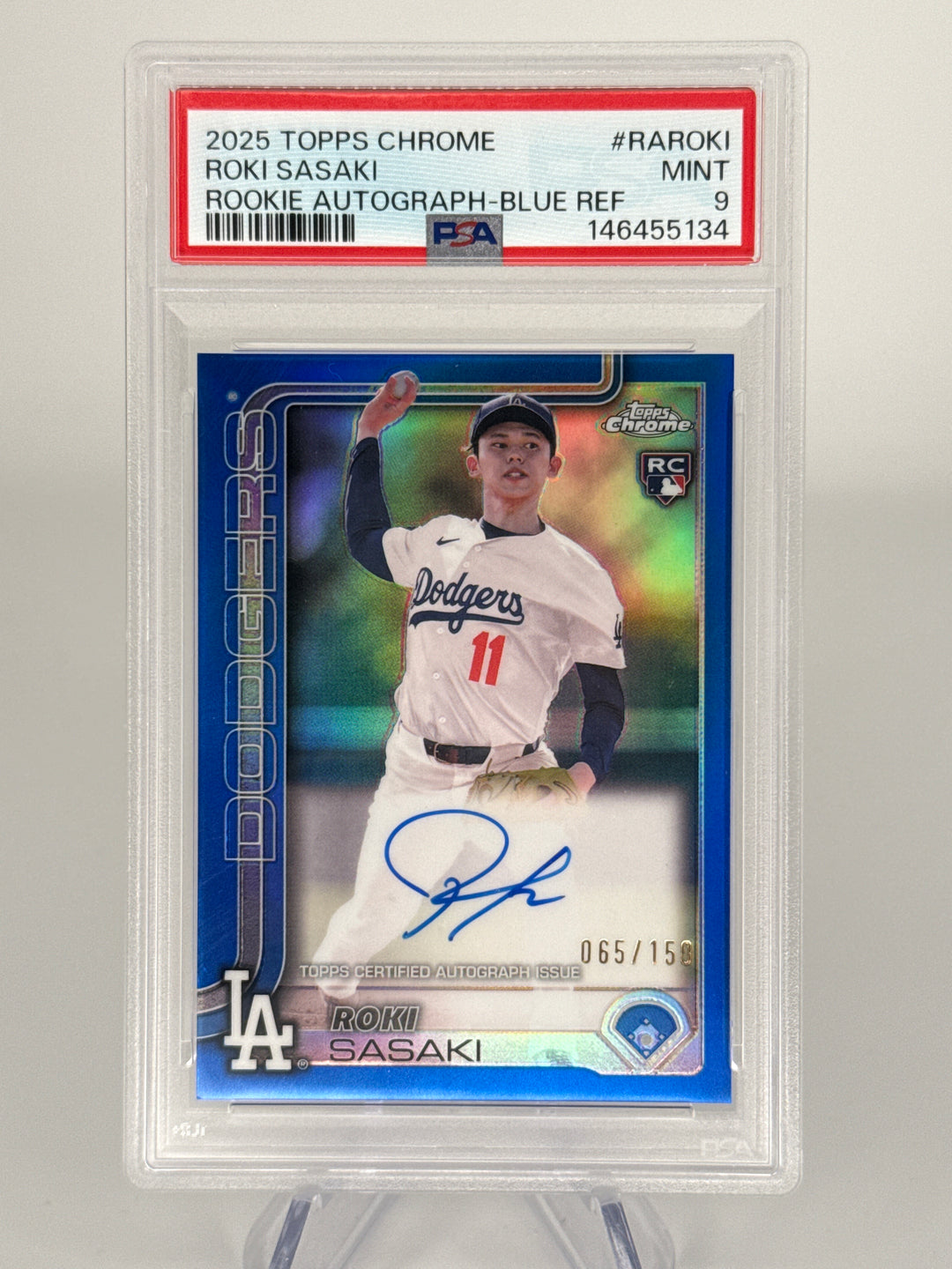 Roki Sasaki 2025 Topps Chrome Rookie Auto Blue Refractor, 065/150, PSA 9 Mint