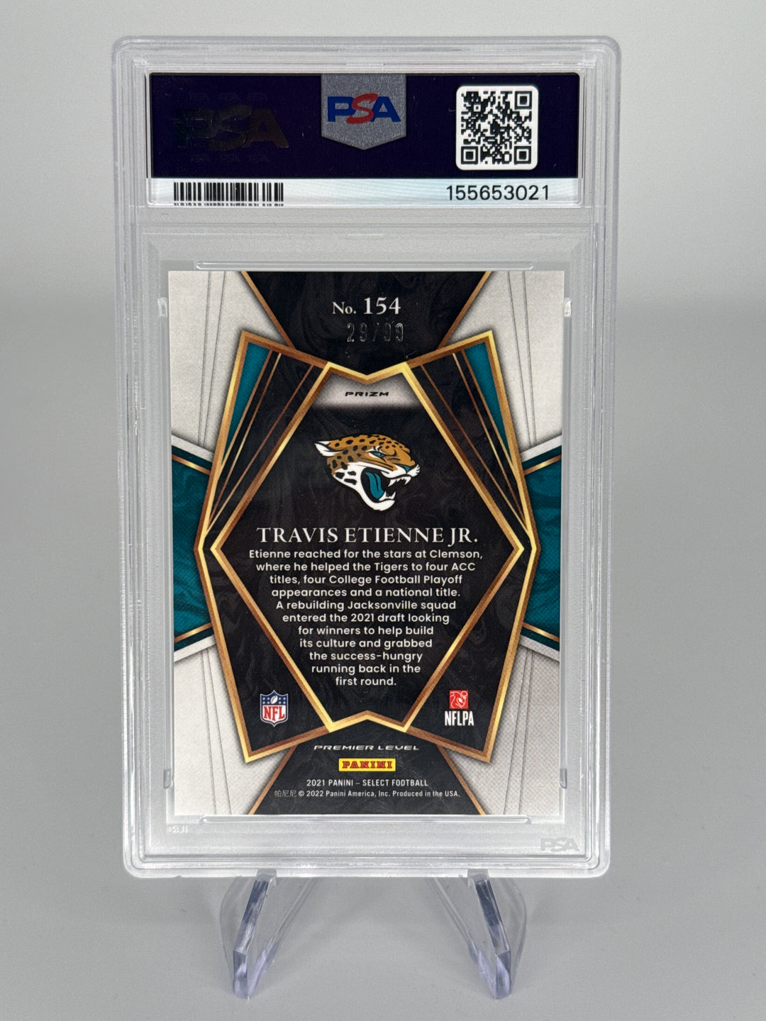 Travis Etienne Jr 2021 Panini Select Light Blue Prizm Rookie, 29/99, PSA 10 Gem Mint