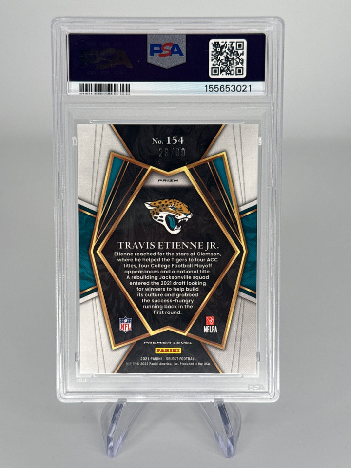 Travis Etienne Jr 2021 Panini Select Light Blue Prizm Rookie, 29/99, PSA 10 Gem Mint