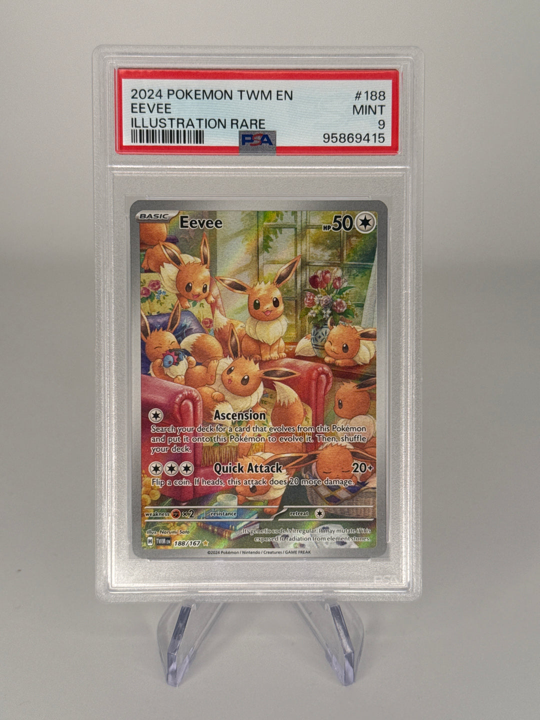 Pokemon TCG 2024 Eevee Twighlight Masquerade Illustration Rare, 188/167, PSA 9 Mint