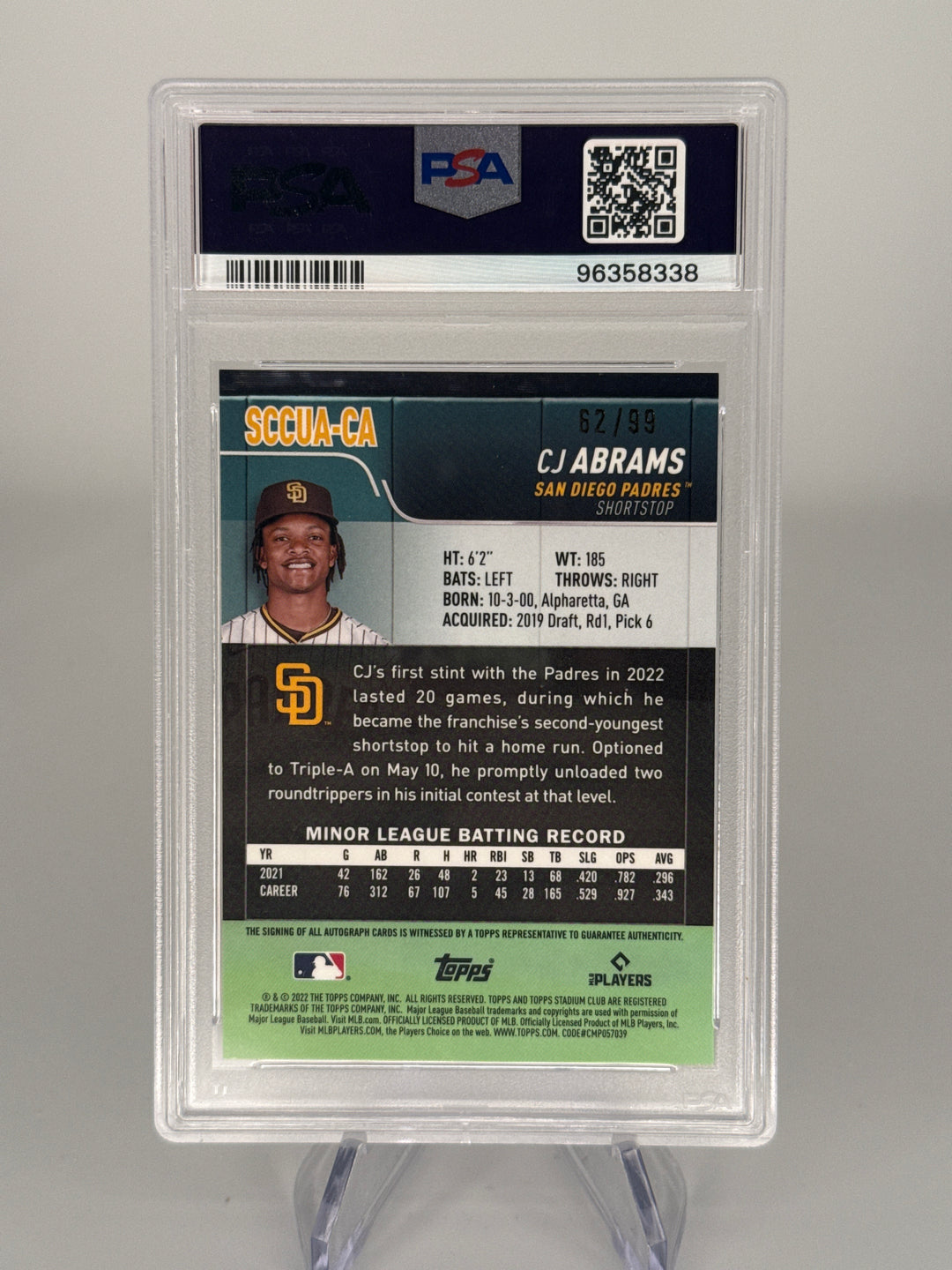 CJ Abrams 2022 Topps Stadium Chrome Green Refractor Rookie Auto, 62/99, PSA 10 Gem Mint
