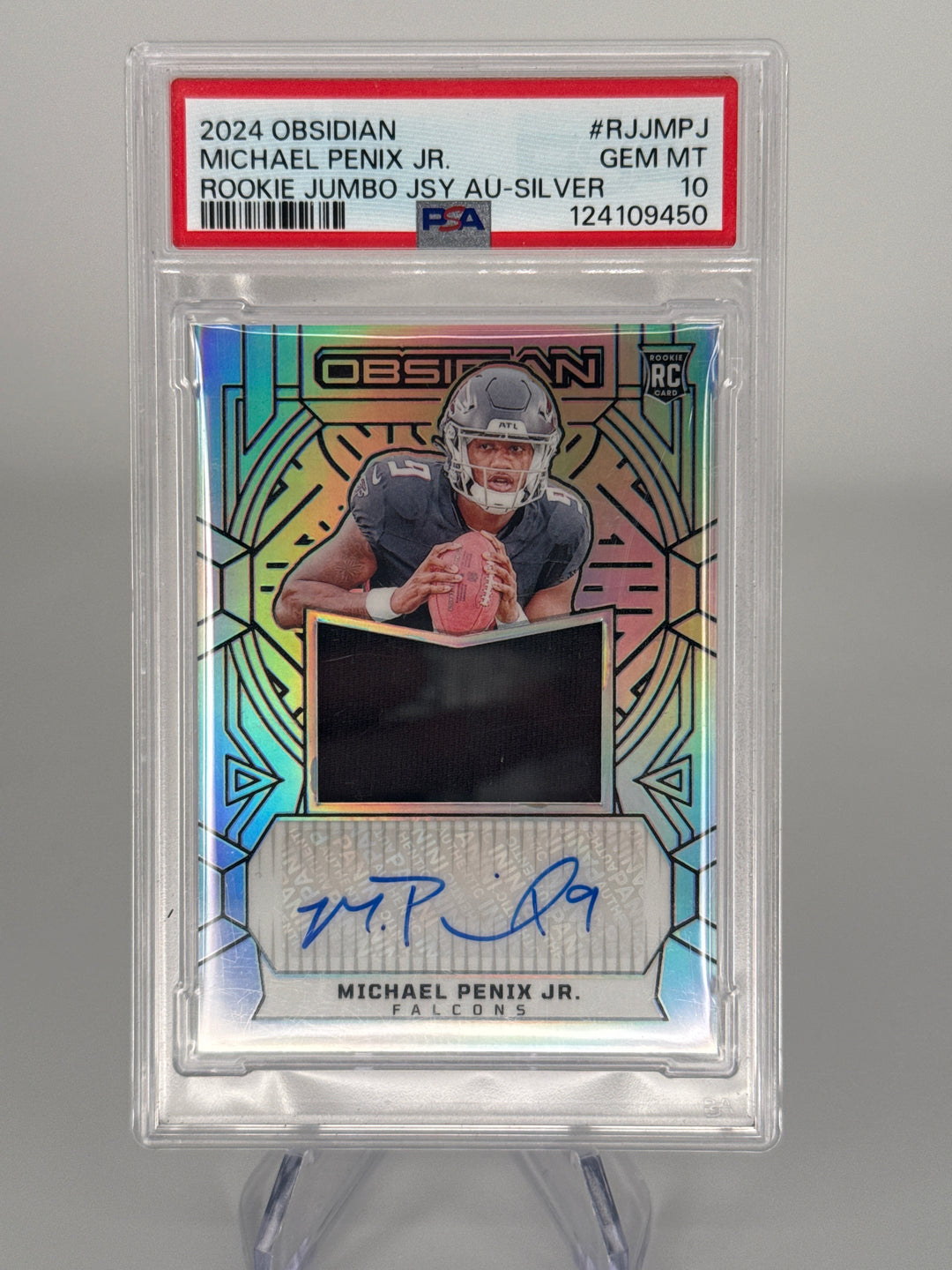 Michael Penix Jr 2024 Panini Obsidian Rookie Jumbo Patch Auto Silver, 24/75, PSA 10 Gem Mint