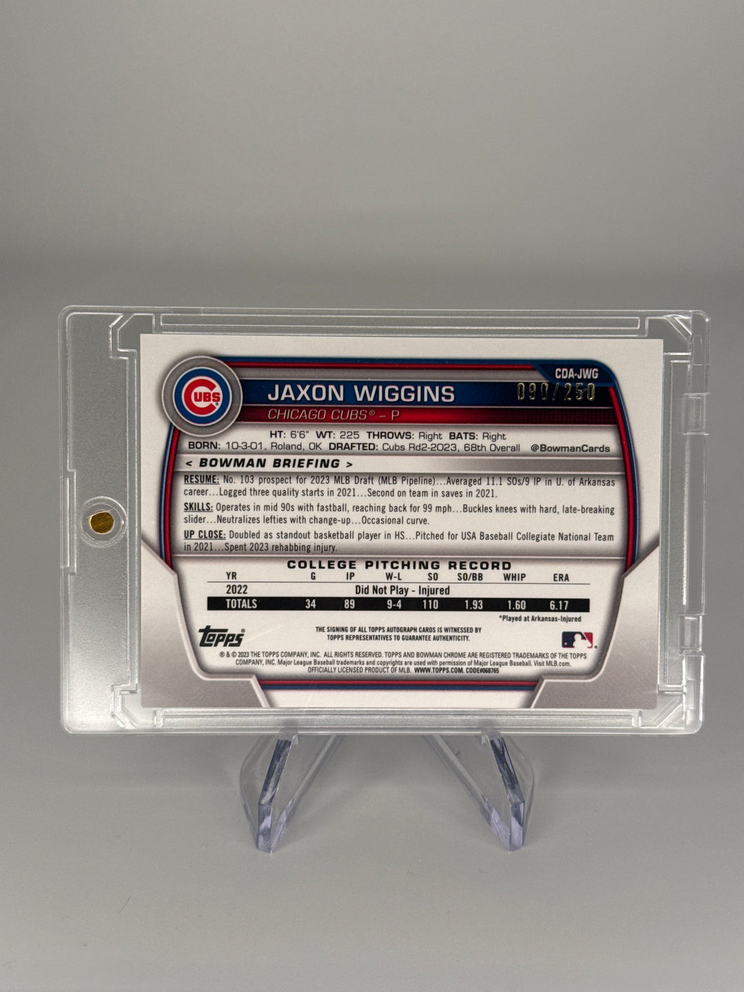 Jaxon Wiggins 2023 Bowman Chrome Purple Refractor 1st Auto, 090/250