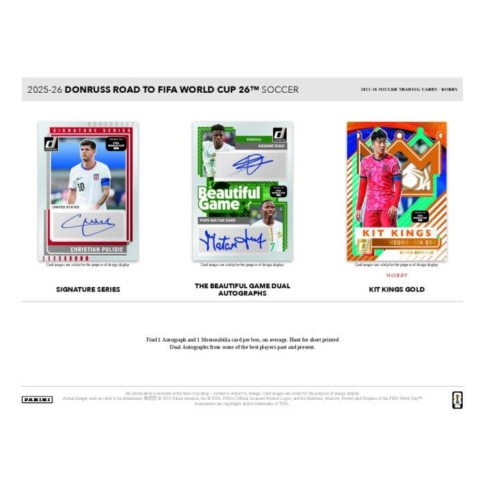 Three soccer trading cards from the 2025-26 Donruss Road to FIFA World Cup 26TM set on a white background.