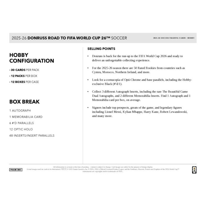 Donruss 2025-26 Road to FIFA World Cup soccer trading card packaging information.