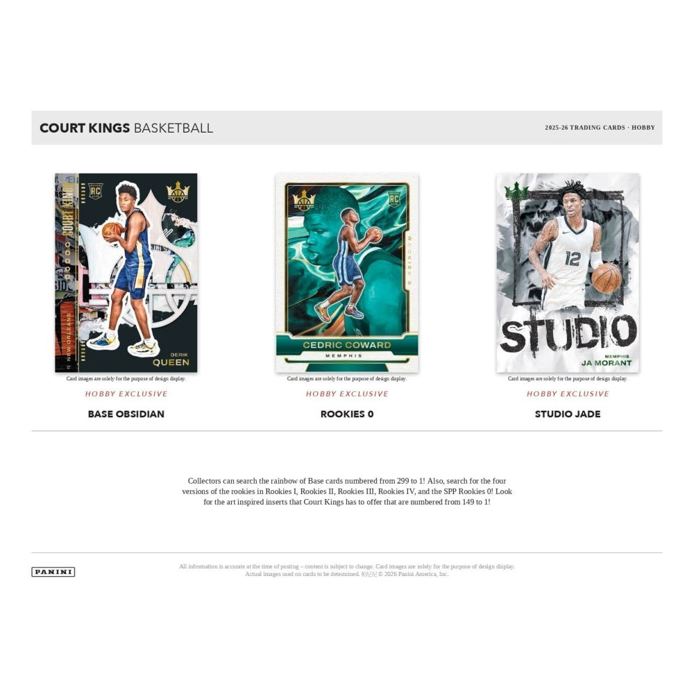 Panini 2021 In Trading Cards Court Kings Basketball card assortment preview page showing three sample cards: Base Obidian, Rookies 6, and Studio Jade, with product details and search text below.