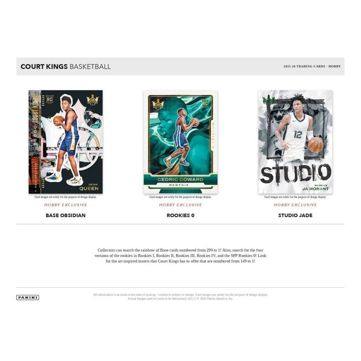 Panini 2021 In Trading Cards Court Kings Basketball card assortment preview page showing three sample cards: Base Obidian, Rookies 6, and Studio Jade, with product details and search text below.