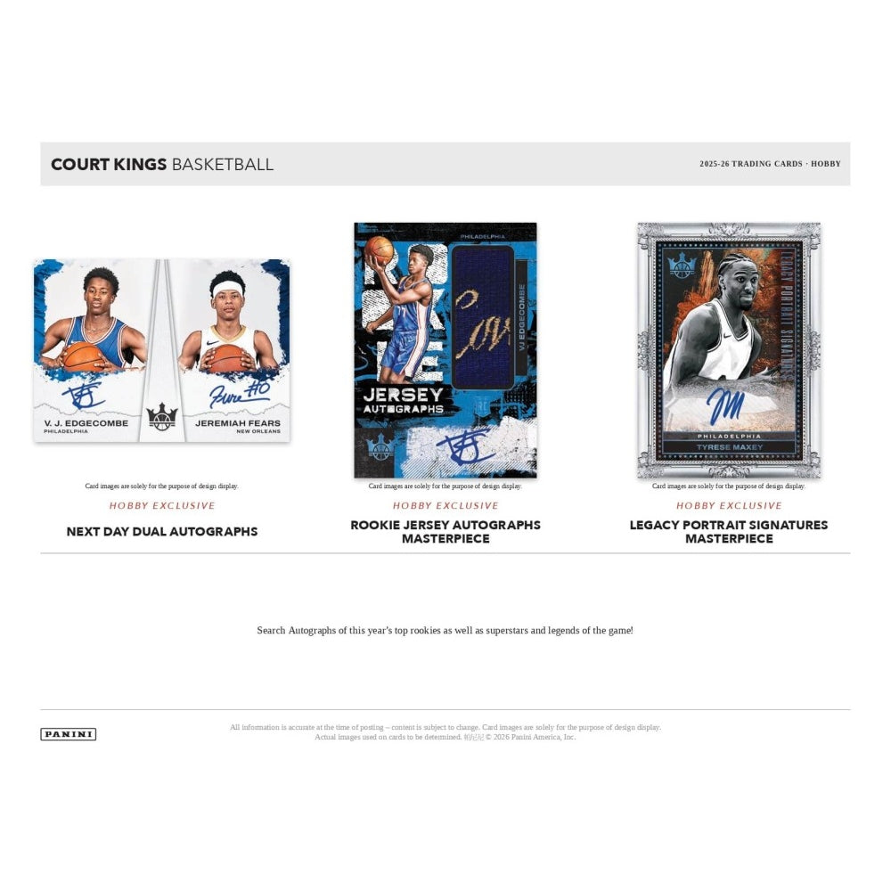 Panini Court Kings Basketball 2021 in Trading Cards - Hoosiers product page showing three sample card designs: next day dual autographs, rookie jersey autographs masterpiece, and legacy portrait signatures masterpiece.