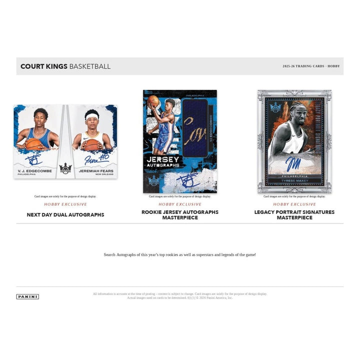 Panini Court Kings Basketball 2021 in Trading Cards - Hoosiers product page showing three sample card designs: next day dual autographs, rookie jersey autographs masterpiece, and legacy portrait signatures masterpiece.
