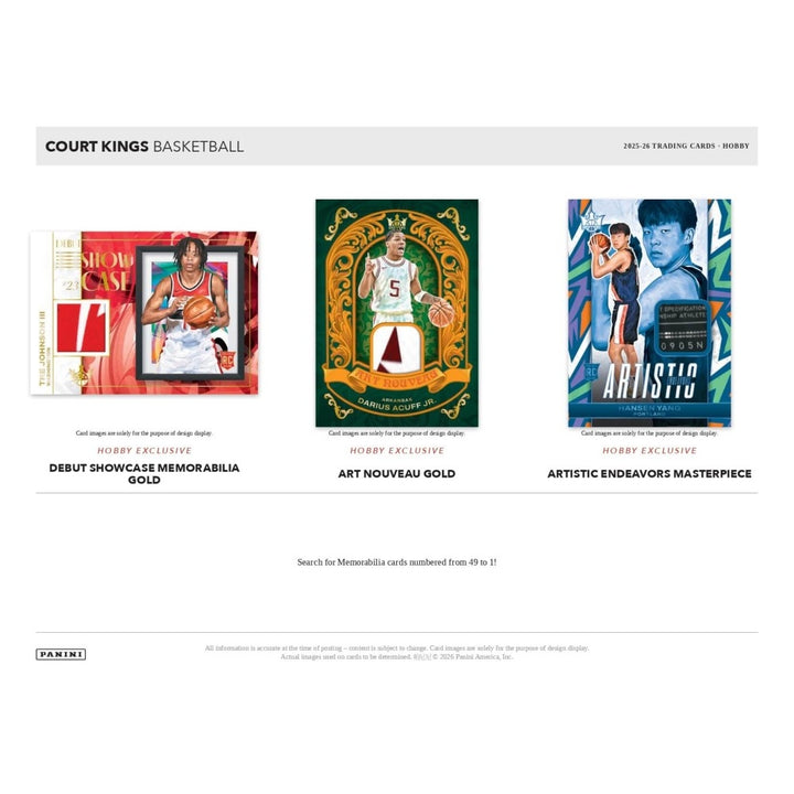 A Panini Court Kings Basketball trading card search results page showing three illustrated card designs: Debut Showcase Memorabilia Gold, Art Nouveau Gold, and Artist Endeavors Masterpiece.