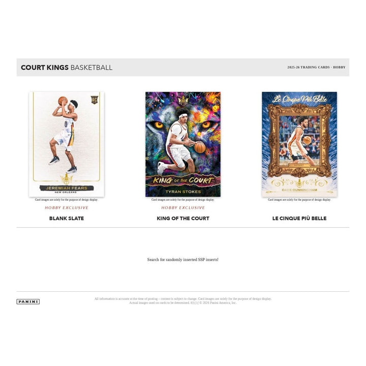 A Panini Court Kings Basketball 2025 In Trading Cards - Hoops product page showing three card designs: Blank Slate, King of the Court, and Le Cinque Piò Belle, with Panini branding at the bottom.