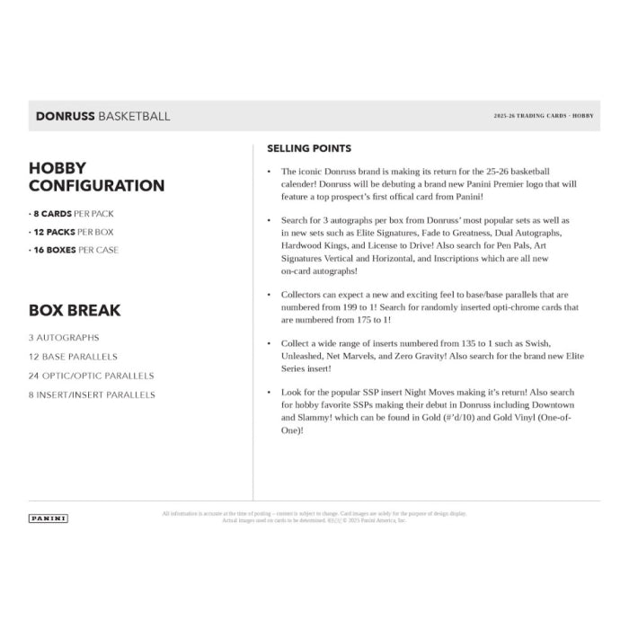 Donruss Basketball trading card product sheet with hobby configuration and box break details.